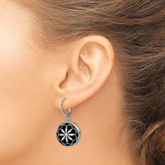 Sterling Silver Rhodium-plated Beaded Filigree Diamond Cut Starburst Pattern Onyx Dangle Leverback Earrings