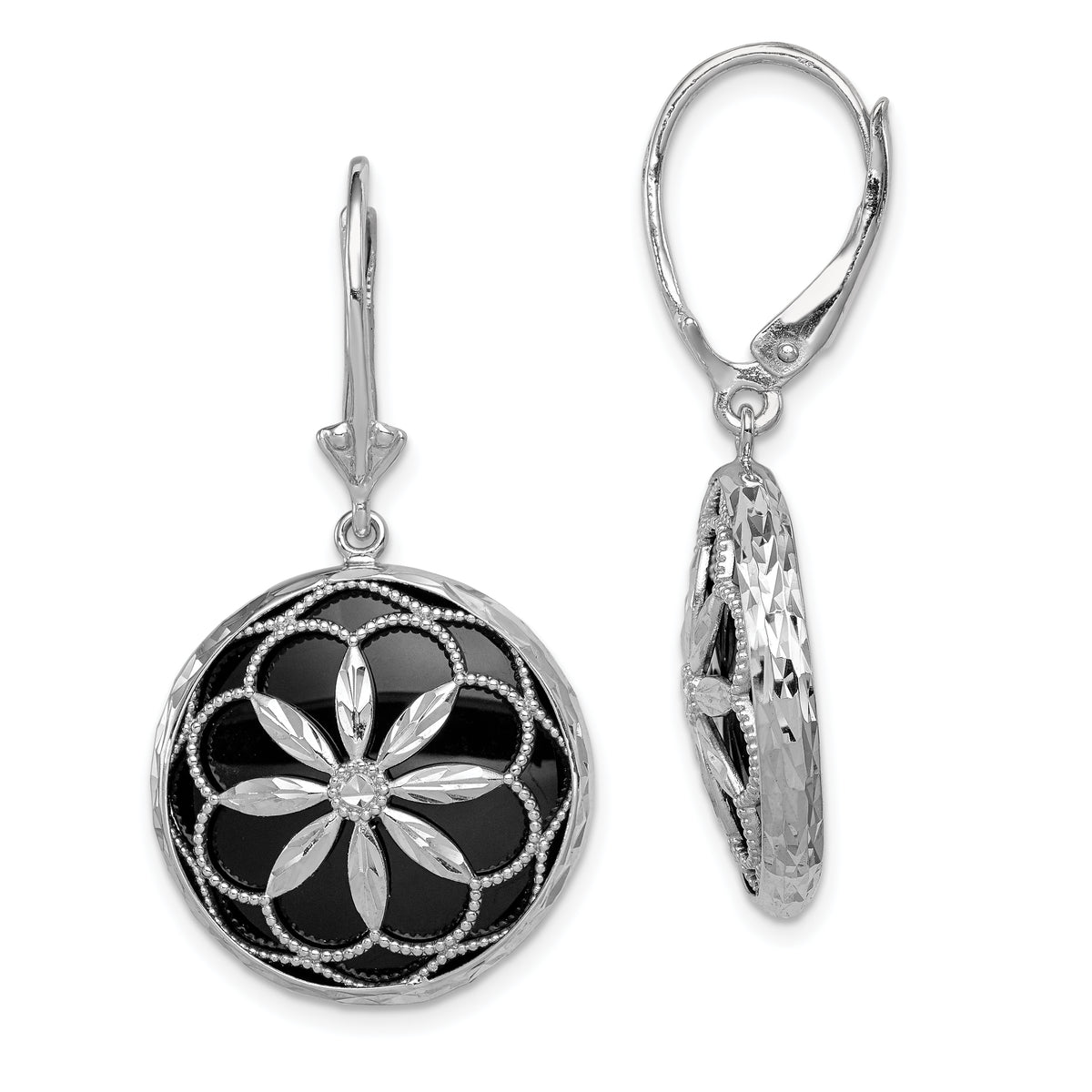 Sterling Silver Rhodium-plated Beaded Filigree Diamond Cut Starburst Pattern Onyx Dangle Leverback Earrings