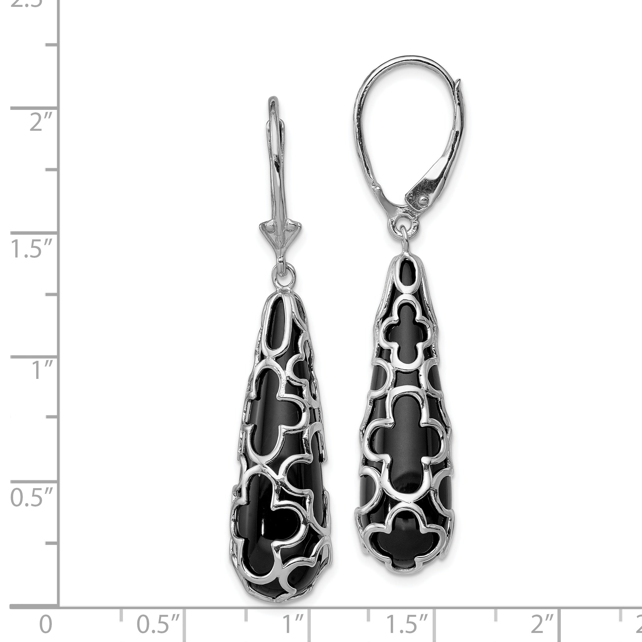 Sterling Silver RH-pltd Polished Onyx Teardrop Leverback Dangle Earrings