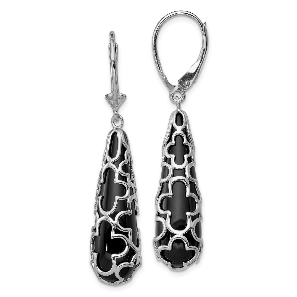 Sterling Silver RH-pltd Polished Onyx Teardrop Leverback Dangle Earrings