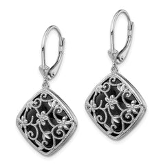 Sterling Silver Rhodium-plated Filigree Floral Diamond Cut Diamond Shape Onyx Dangle Leverback Earrings