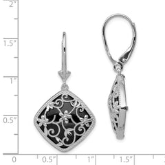 Sterling Silver Rhodium-plated Filigree Floral Diamond Cut Diamond Shape Onyx Dangle Leverback Earrings