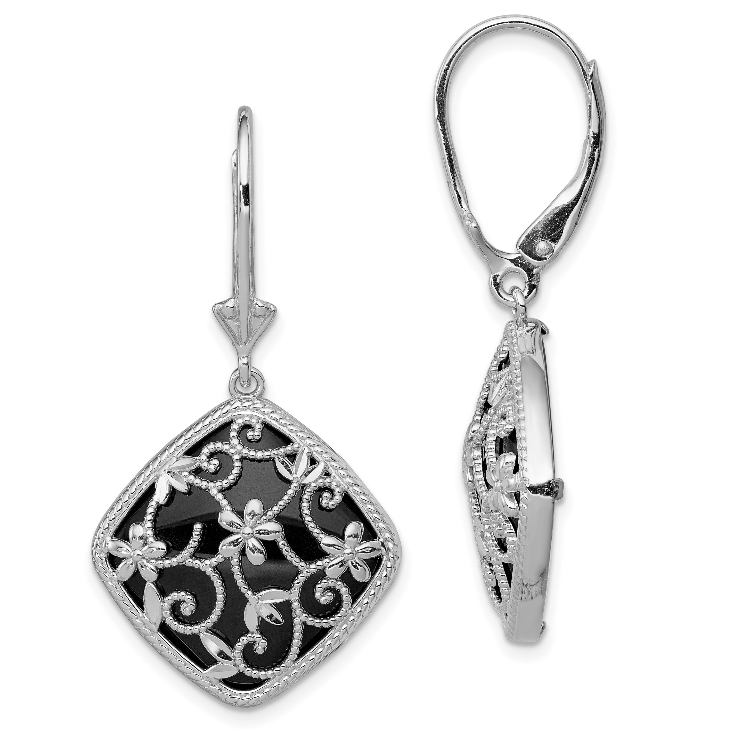 Sterling Silver Rhodium-plated Filigree Floral Diamond Cut Diamond Shape Onyx Dangle Leverback Earrings