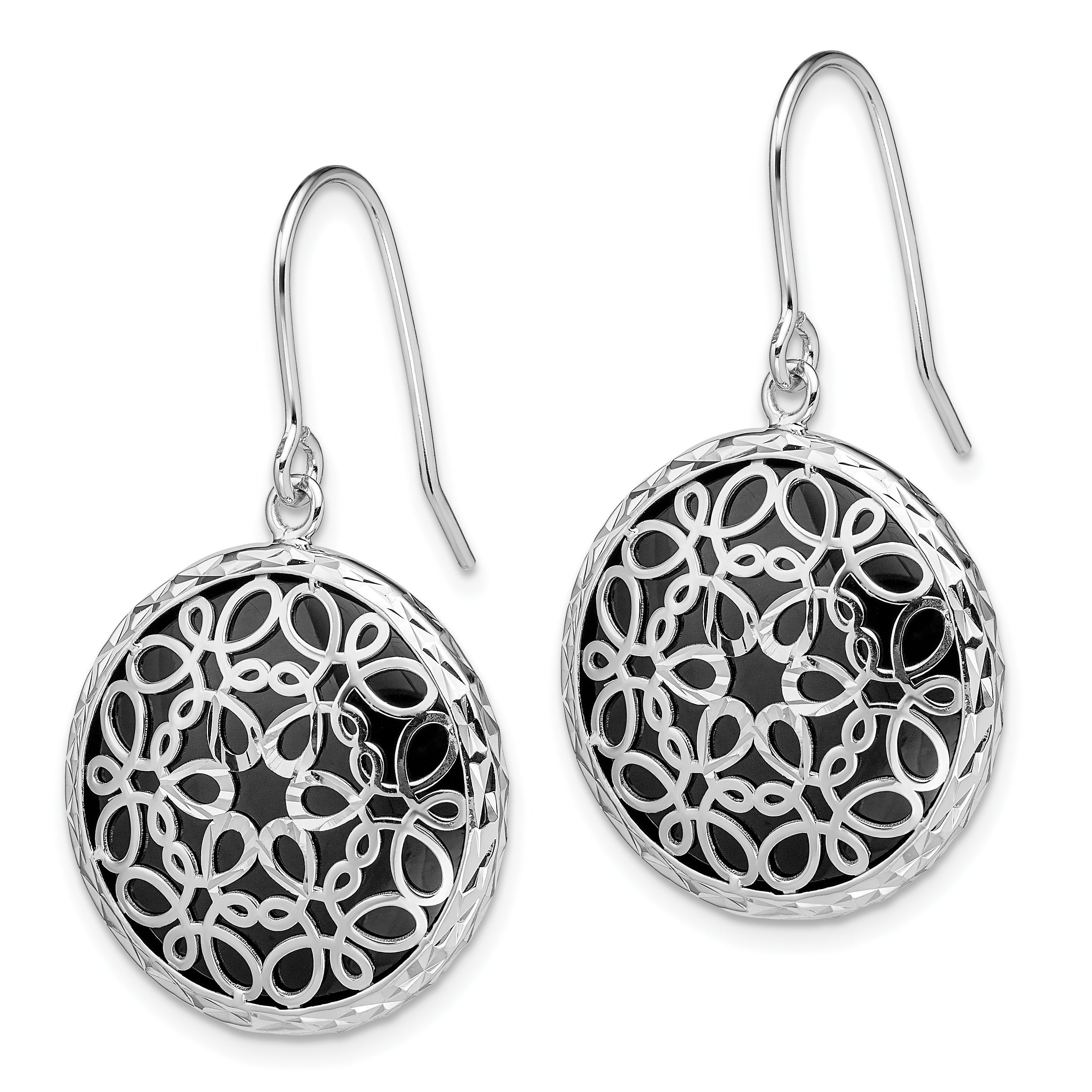 Sterling Silver Rhodium-plated Polished D/C Onyx Circle Dangle Earrings