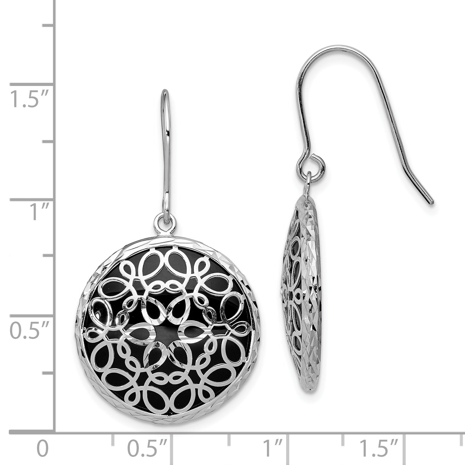 Sterling Silver Rhodium-plated Polished D/C Onyx Circle Dangle Earrings