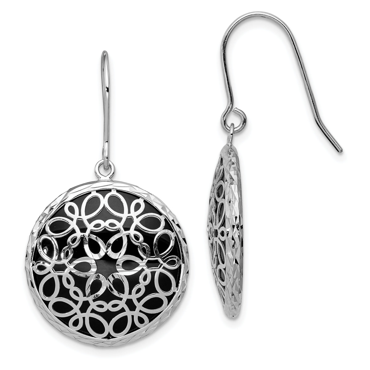 Sterling Silver Rhodium-plated Polished D/C Onyx Circle Dangle Earrings