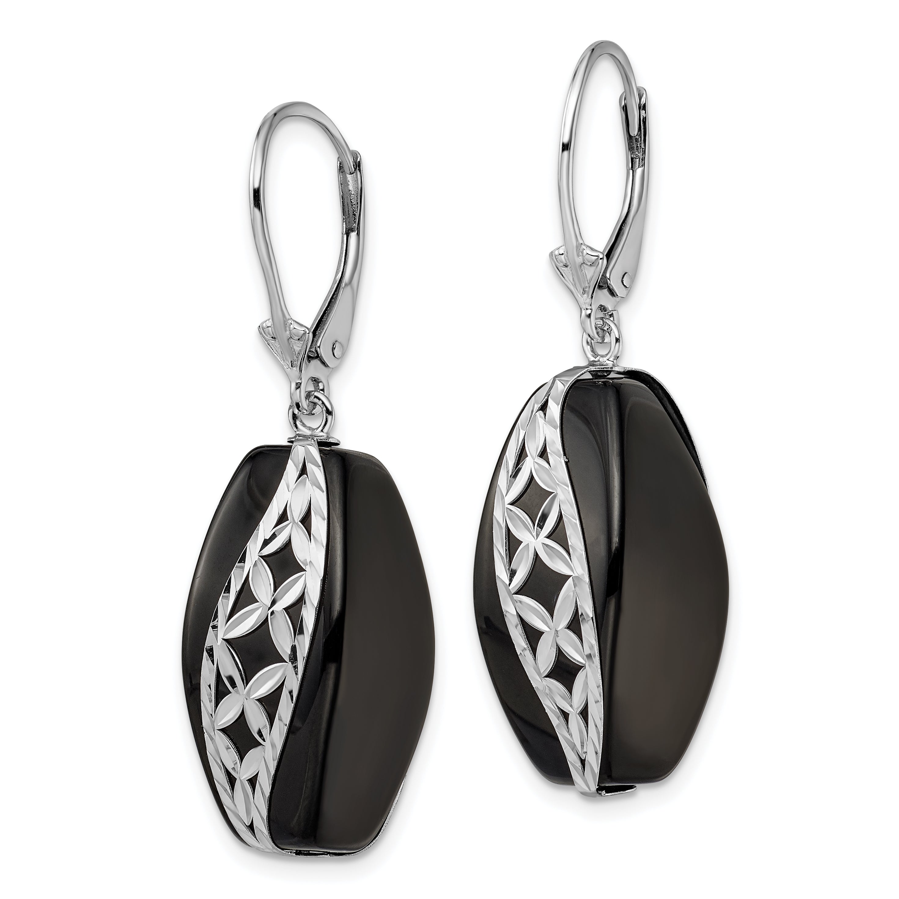 Sterling Silver Rhod-plated Polished & D/C Onyx Leverback Dangle Earrings