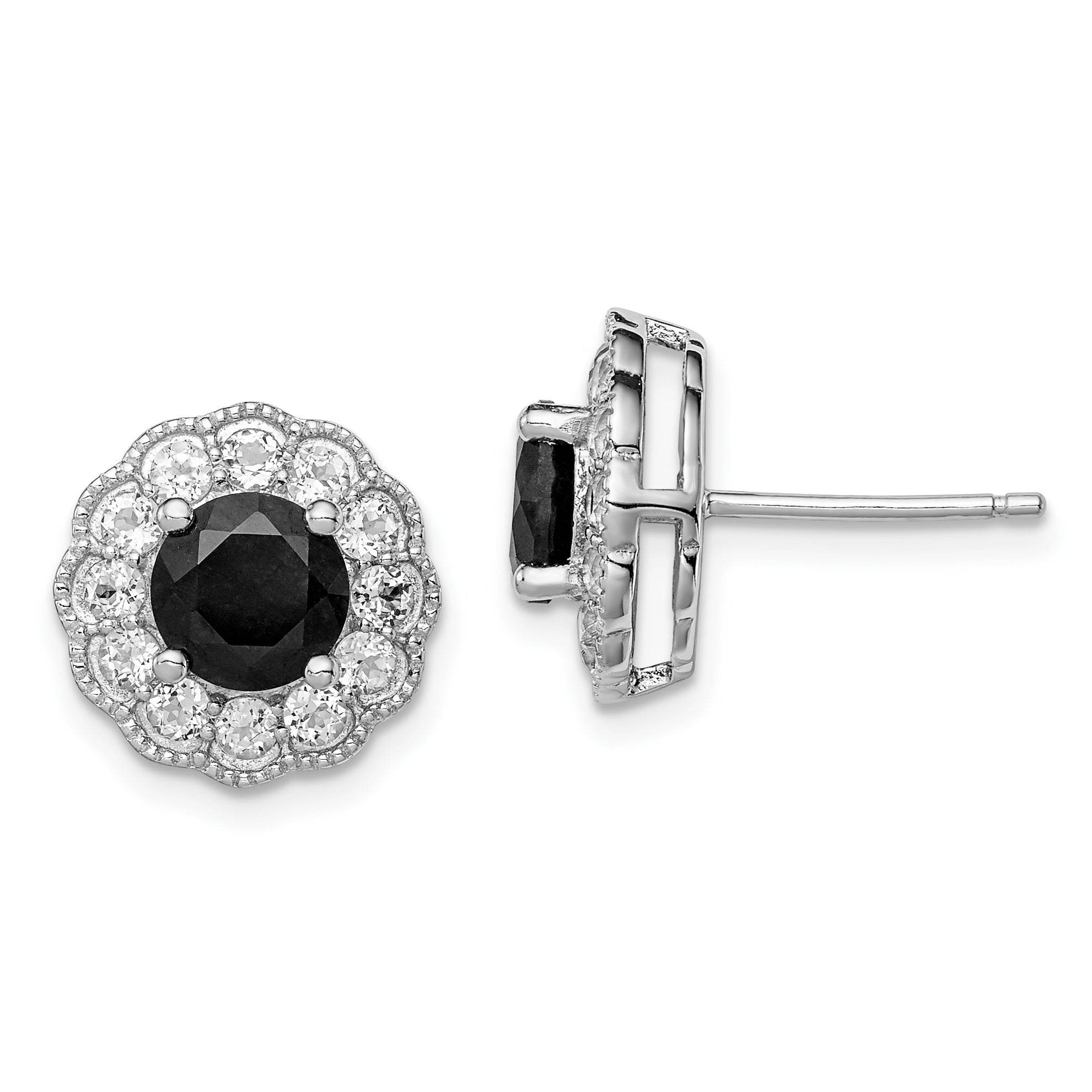 Sterling Silver Rhodium-plated Black Sapphire & White Topaz Post Earrings