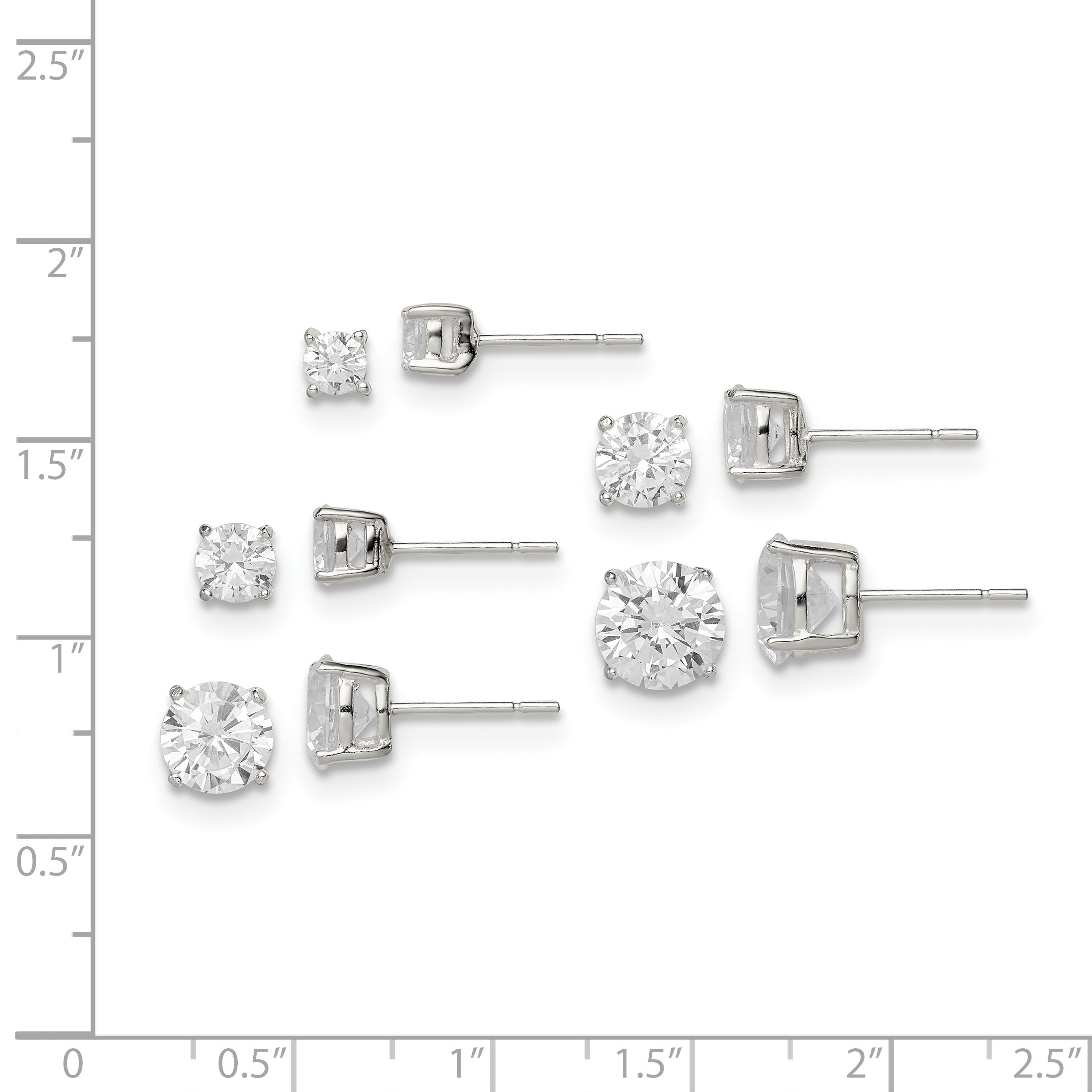 Sterling Silver Polished Round CZ 5-Pair Post Earrings Set