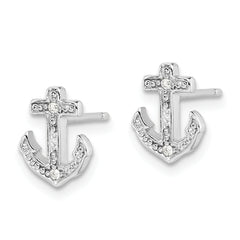 Sterling Silver Rhodium-plated Polished CZ Anchor Post Earrings