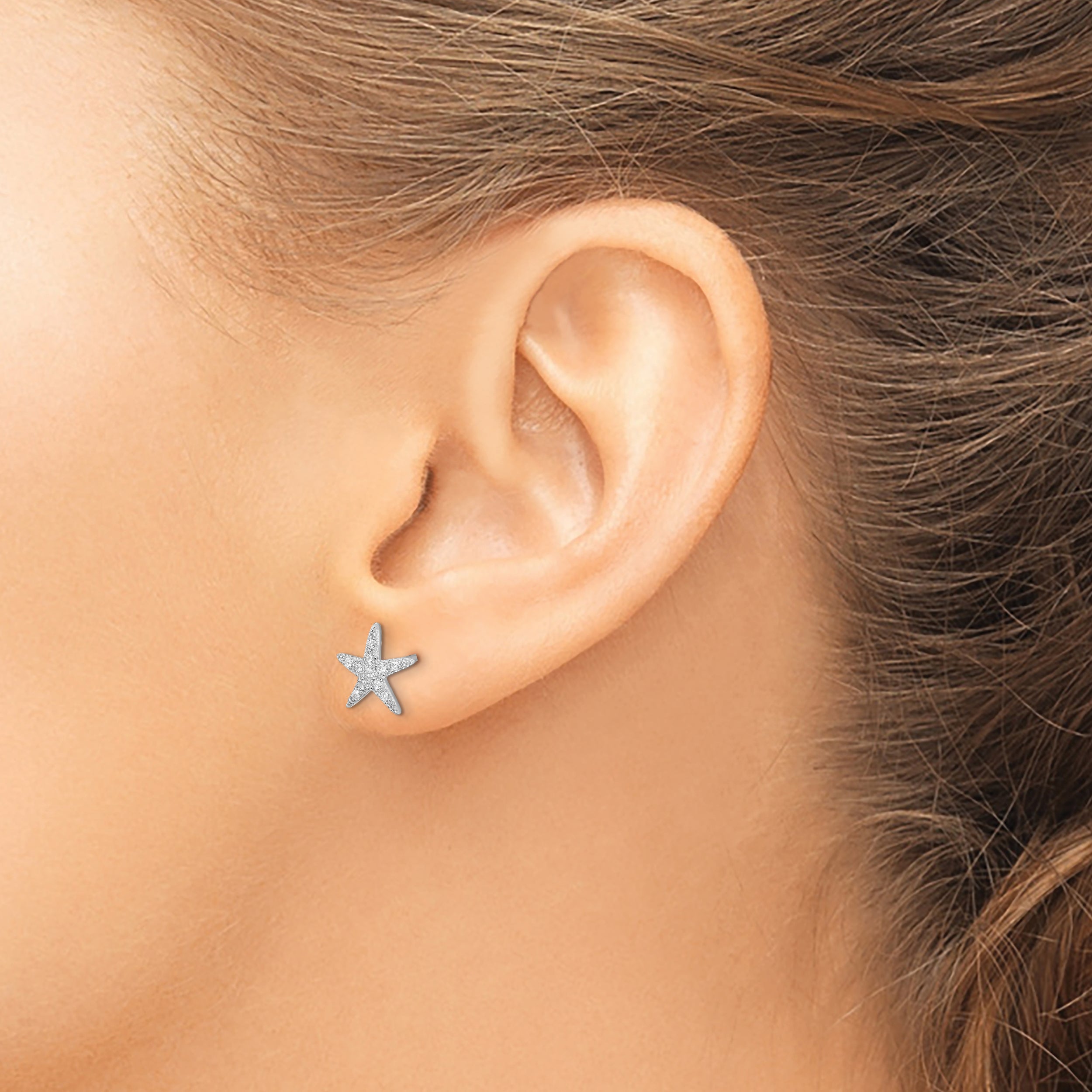 Sterling Silver Rhodium-plated CZ Micro pav‚ Starfish Post Earrings