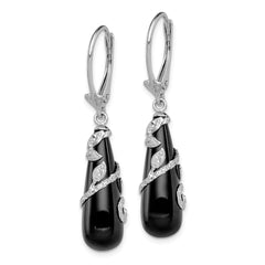 Sterling Silver Rhodium-plated Polished & Diamond-cut Vine Wrapped Onyx Teardrop Dangle Leverback Earrings