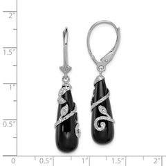 Sterling Silver Rhodium-plated Polished & Diamond-cut Vine Wrapped Onyx Teardrop Dangle Leverback Earrings