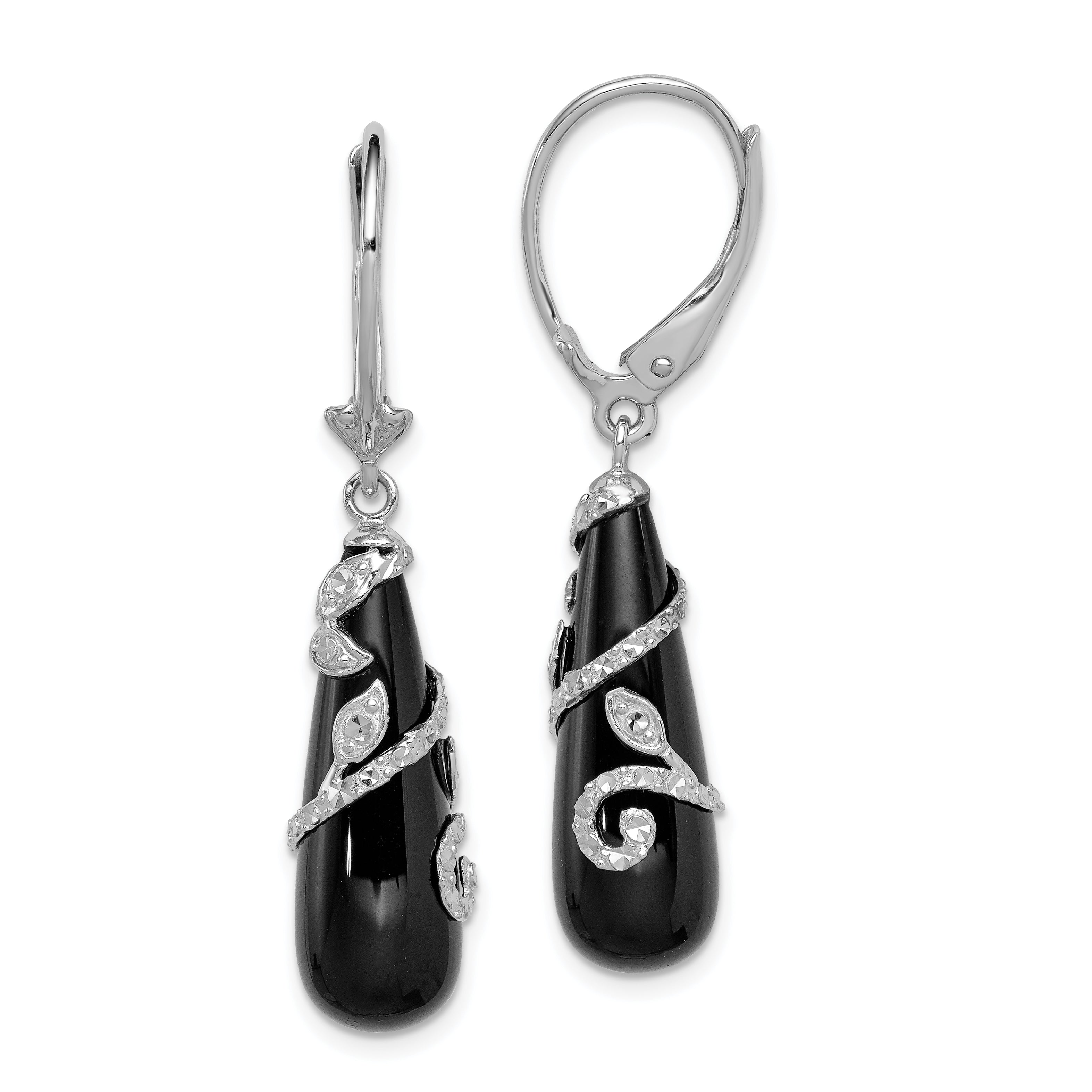 Sterling Silver Rhodium-plated Polished & Diamond-cut Vine Wrapped Onyx Teardrop Dangle Leverback Earrings