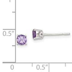 Sterling Silver Polished Round 4mm Purple CZ Stud Earrings