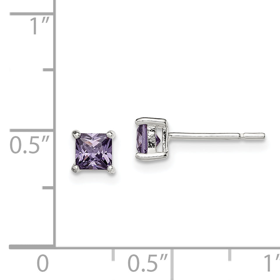 Sterling Silver Polished Square 4mm Purple CZ Stud Earrings