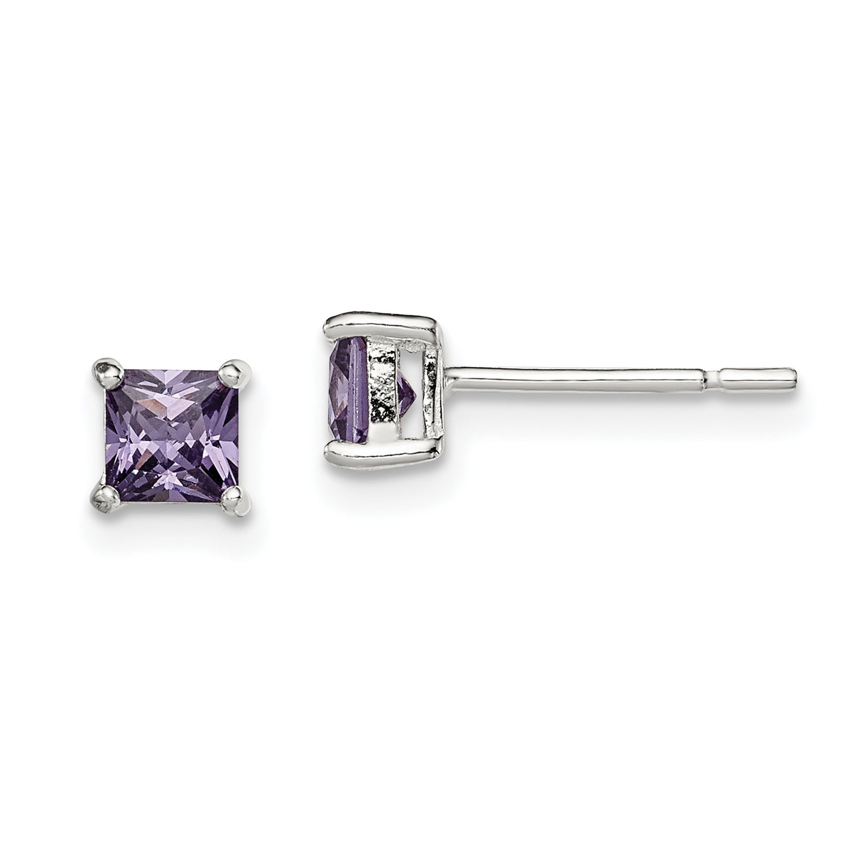 Sterling Silver Polished Square 4mm Purple CZ Stud Earrings