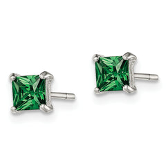 Sterling Silver Polished 4mm Square Green Glass Stud Earrings