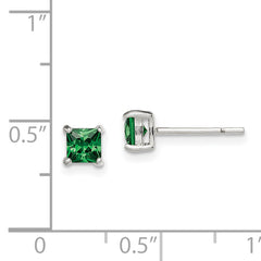 Sterling Silver Polished 4mm Square Green Glass Stud Earrings