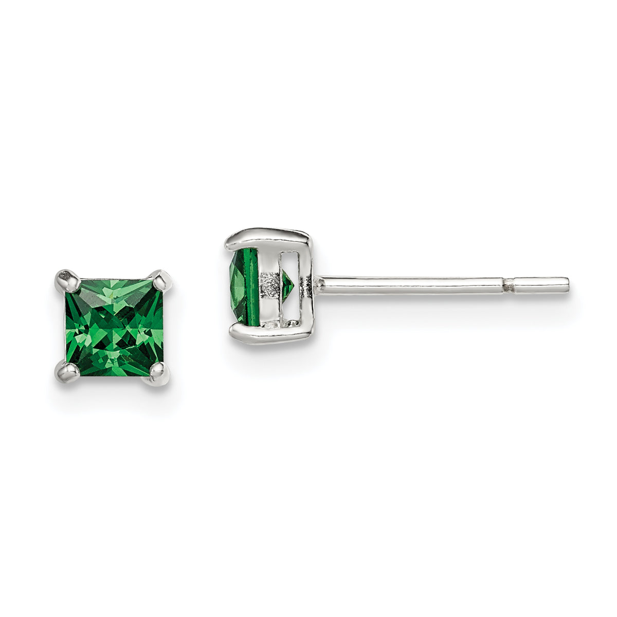 Sterling Silver Polished 4mm Square Green Glass Stud Earrings