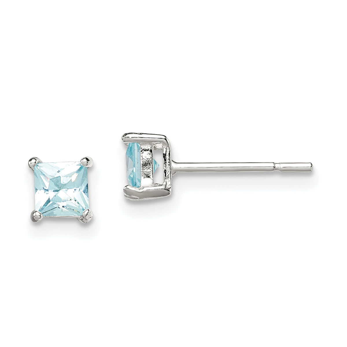 Sterling Silver Polished 4mm Square Light Blue CZ Stud Earrings