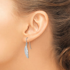 Sterling Silver RH-plated CZ Textured Feather Shepherd Hook Earrings