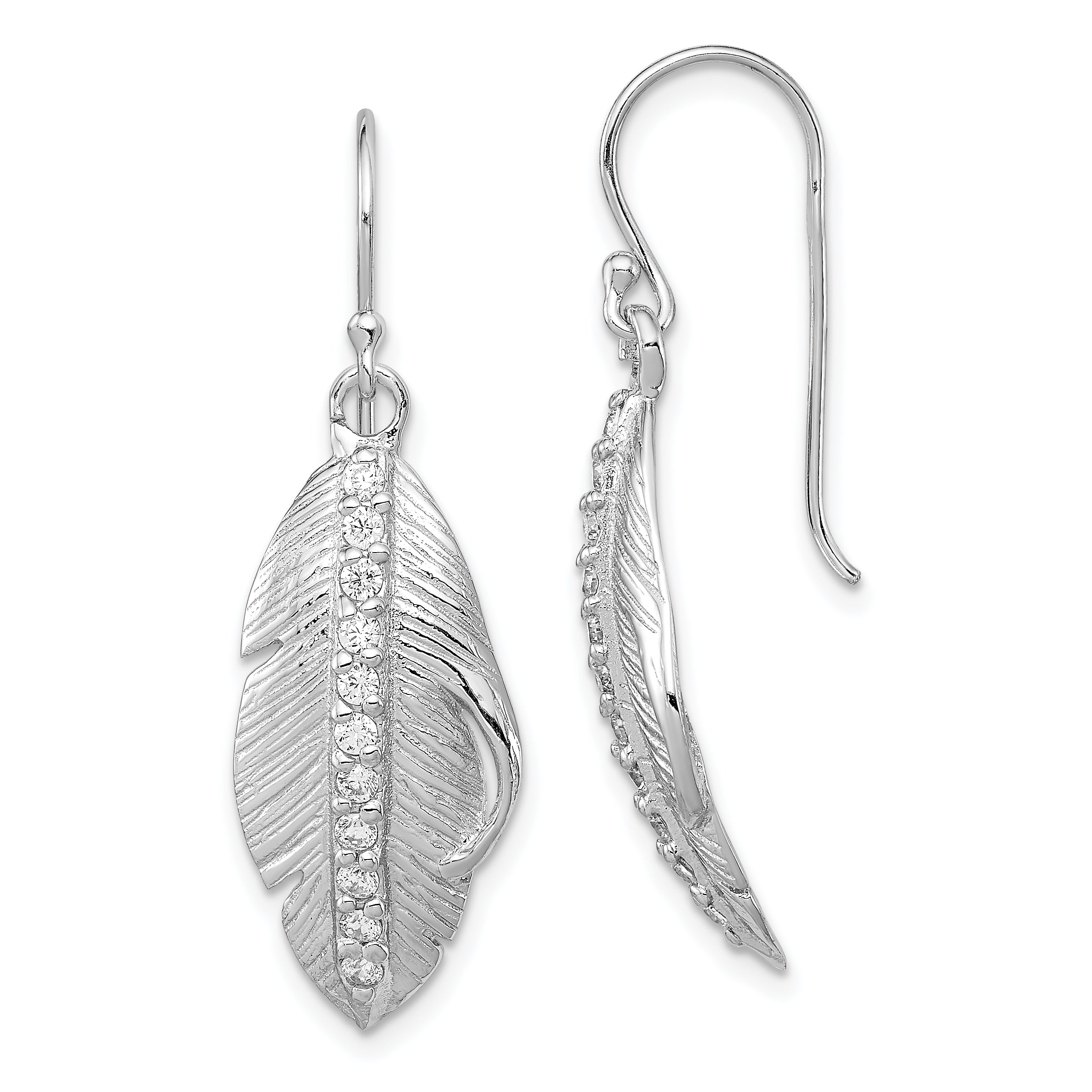 Sterling Silver RH-plated CZ Textured Feather Shepherd Hook Earrings