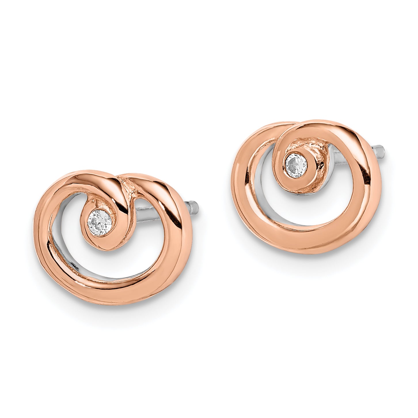 Sterling Silver Rhodium/Rose Gold-plated Polished CZ Swirl Post Earrings