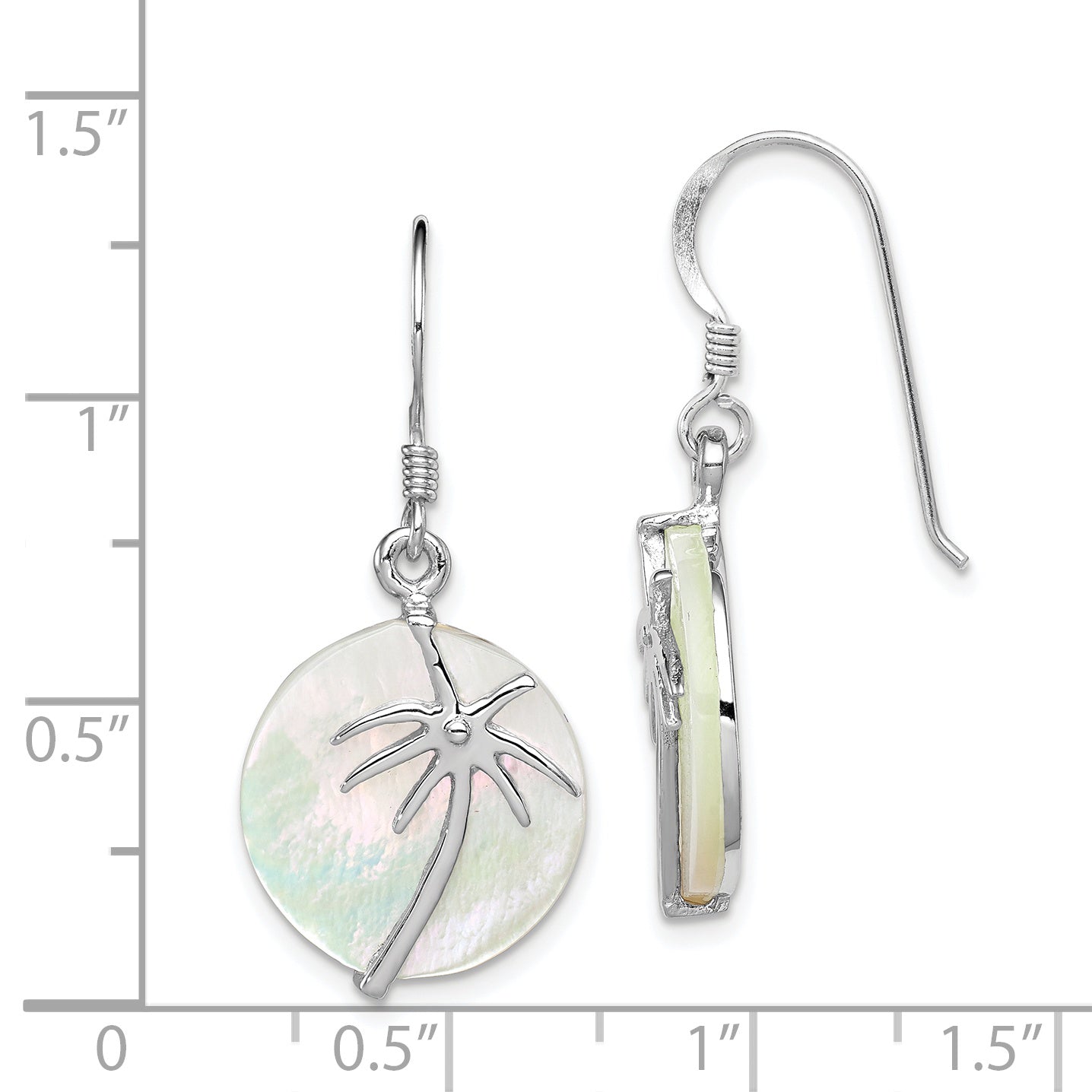 Sterling Silver Rhodium-plated Polished Round Mother of Pearl Palm Tree Earrings