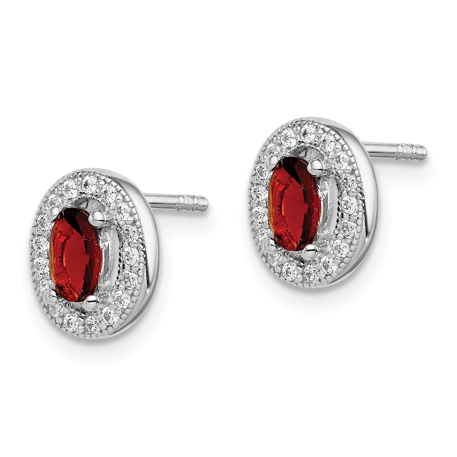 Sterling Silver Rhod Polished January Red and White CZ Oval Earrings