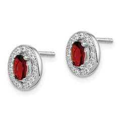 Sterling Silver Rhod Polished January Red and White CZ Oval Earrings