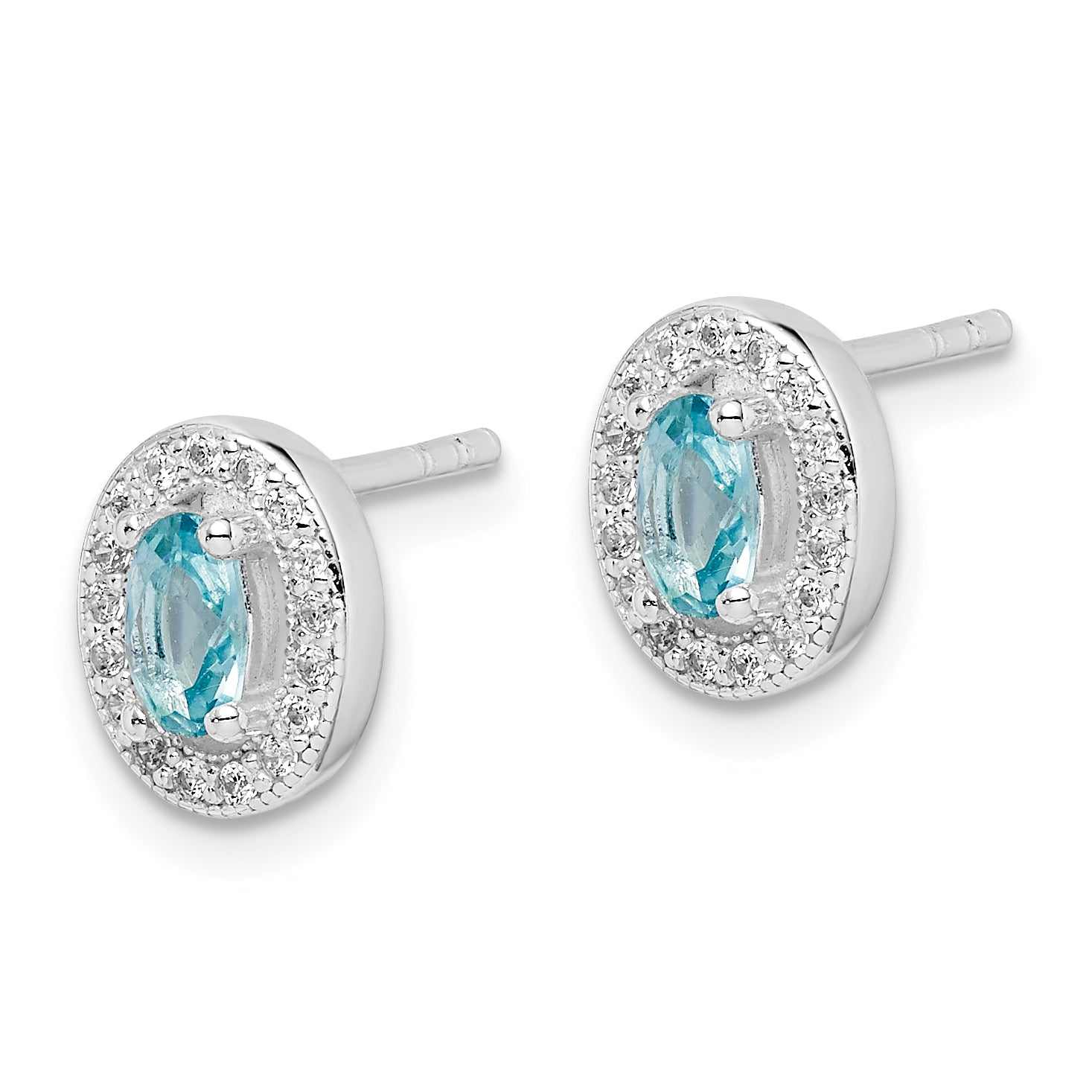 Sterling Silver Rhod-plated w/ Light Blue and White CZ Oval Earrings