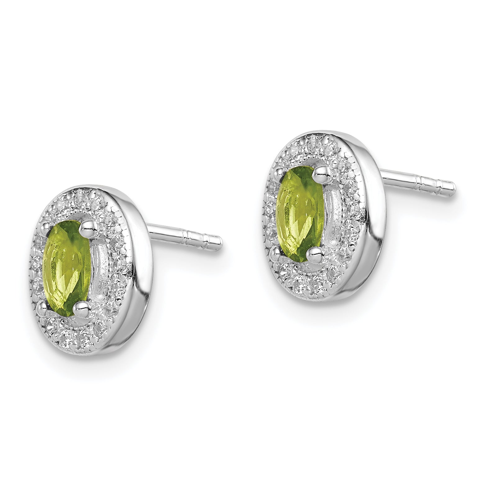 Sterling Silver Rhod-plated Light Green and White CZ Oval Stud Earrings