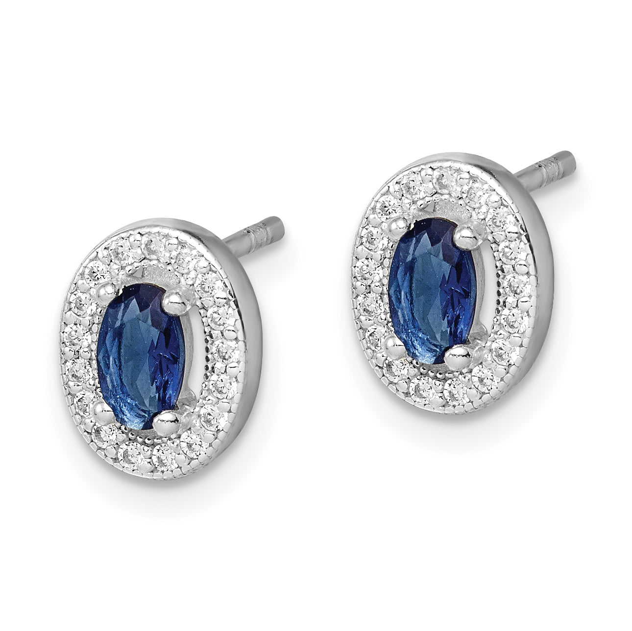 Sterling Silver Rhod-plated Blue and White CZ Oval Stud Earrings