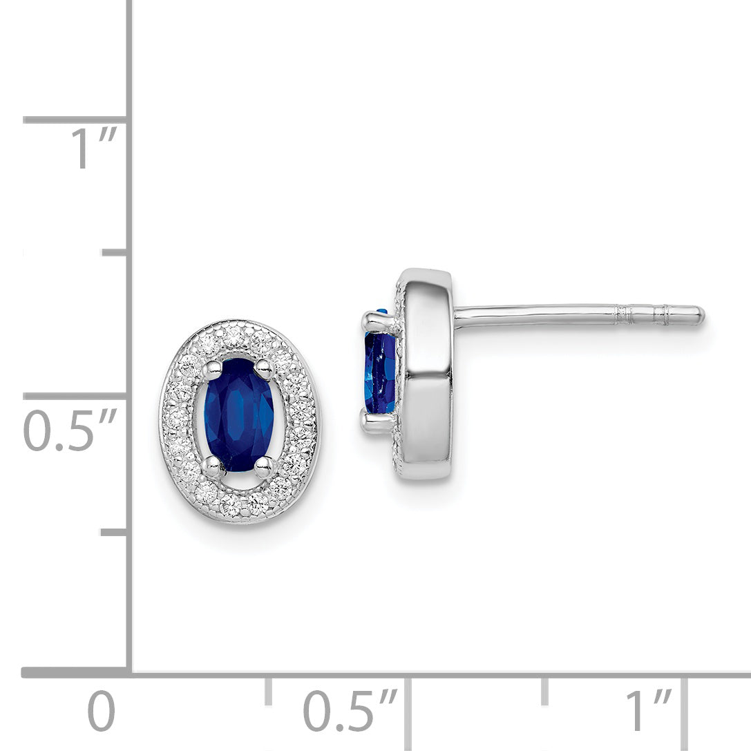 Sterling Silver Rhod-plated Blue and White CZ Oval Stud Earrings