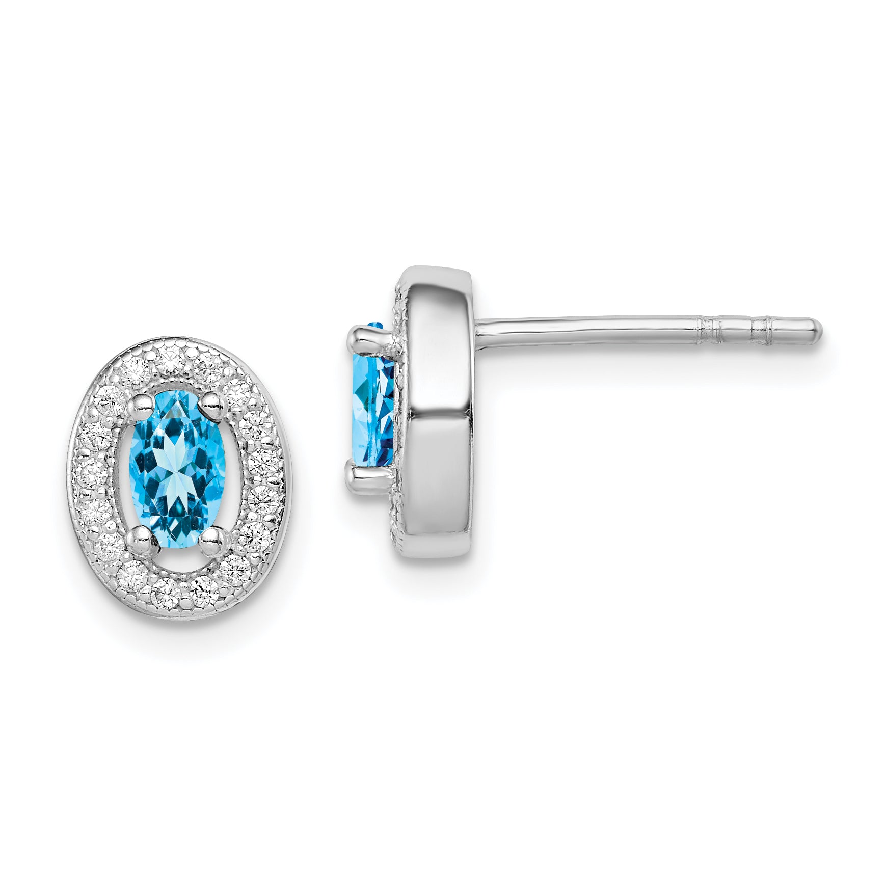 Sterling Silver Rhod-plated Blue and White CZ Oval Stud Earrings