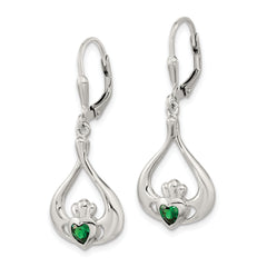 Sterling Silver Rhod-pltd Grn CZ Heart Leverback Claddagh Dangle Earrings