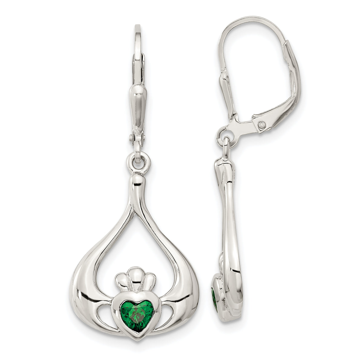 Sterling Silver Rhod-pltd Grn CZ Heart Leverback Claddagh Dangle Earrings