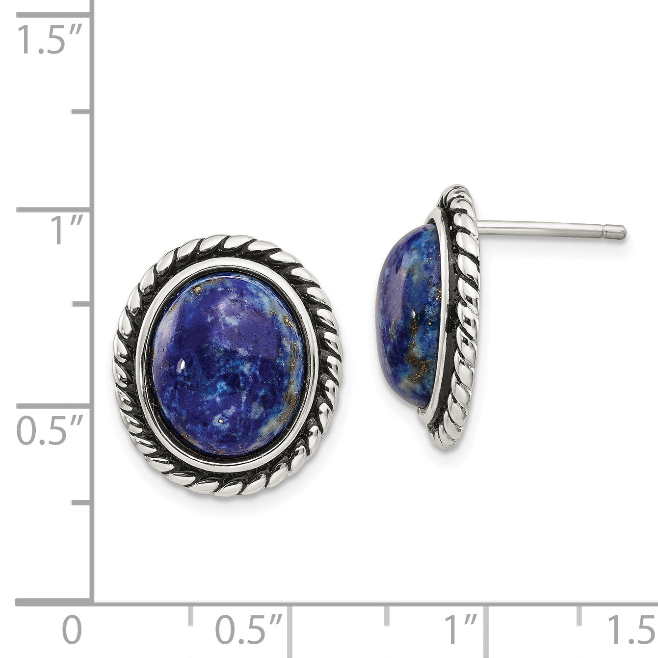 Sterling Silver Polished/Antiqued Lapis Cabochon Post Earrings