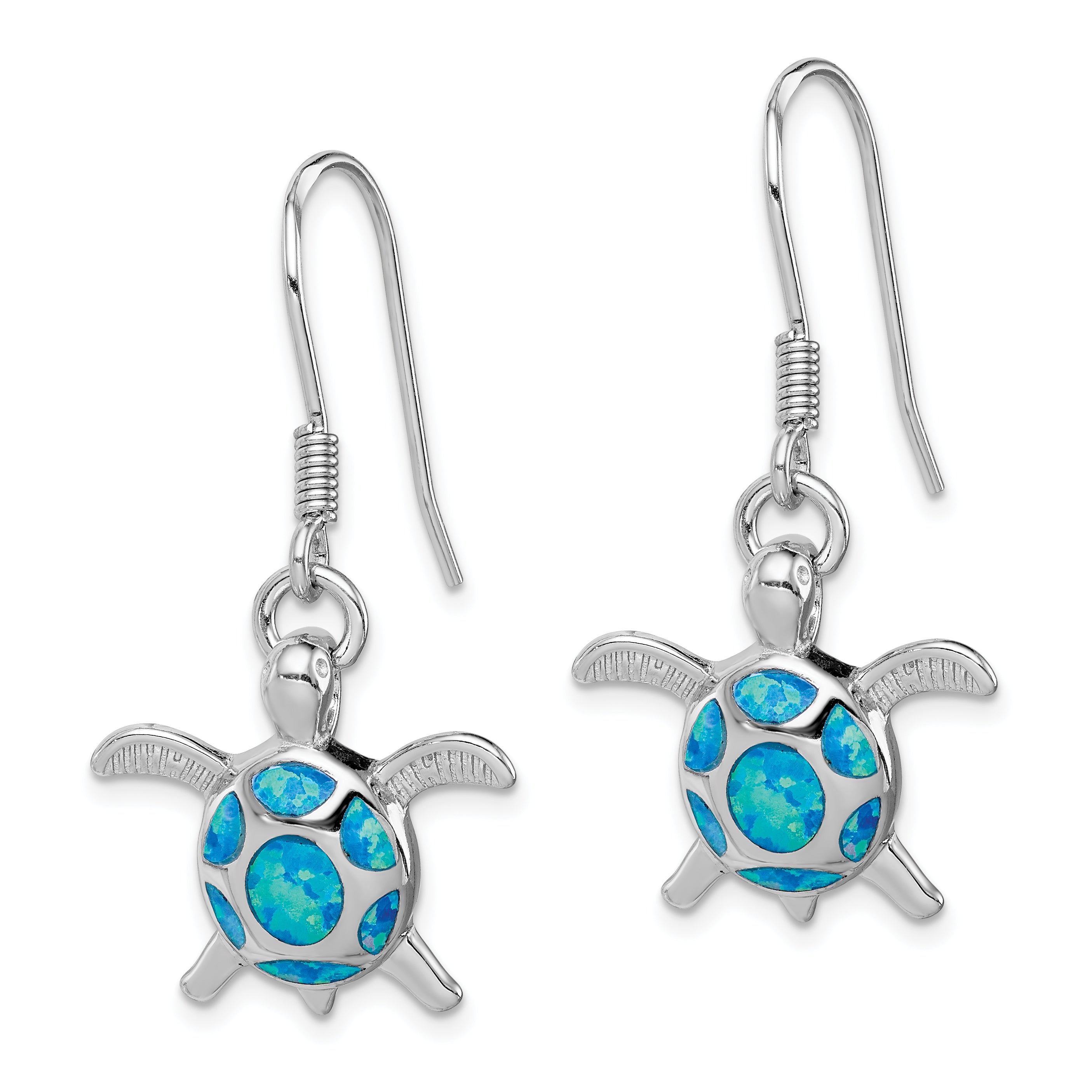 Sterling Silver Rhodium-plated Polished Created Blue Opal Turtle Shepherd Hook Earrings