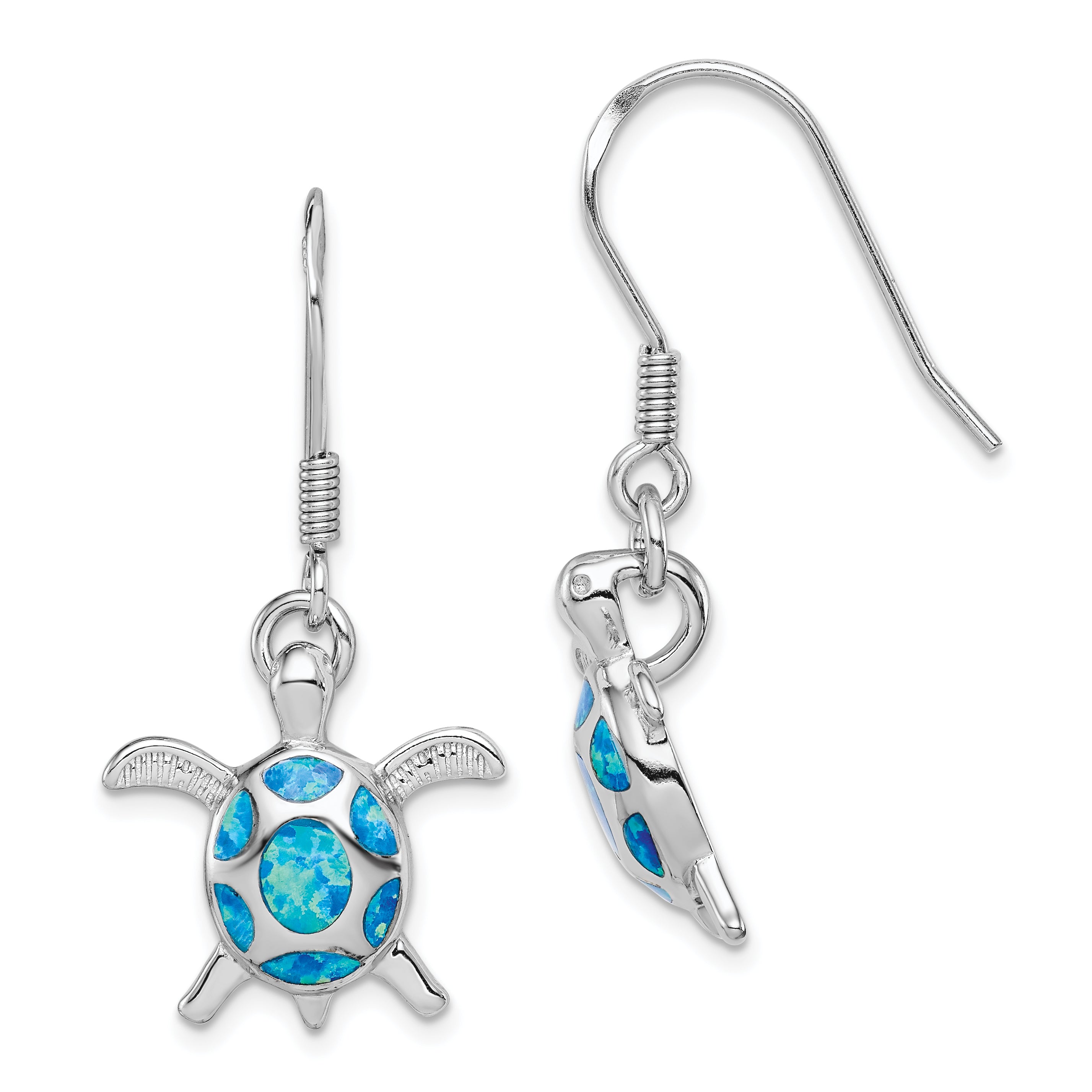 Sterling Silver Rhodium-plated Polished Created Blue Opal Turtle Shepherd Hook Earrings