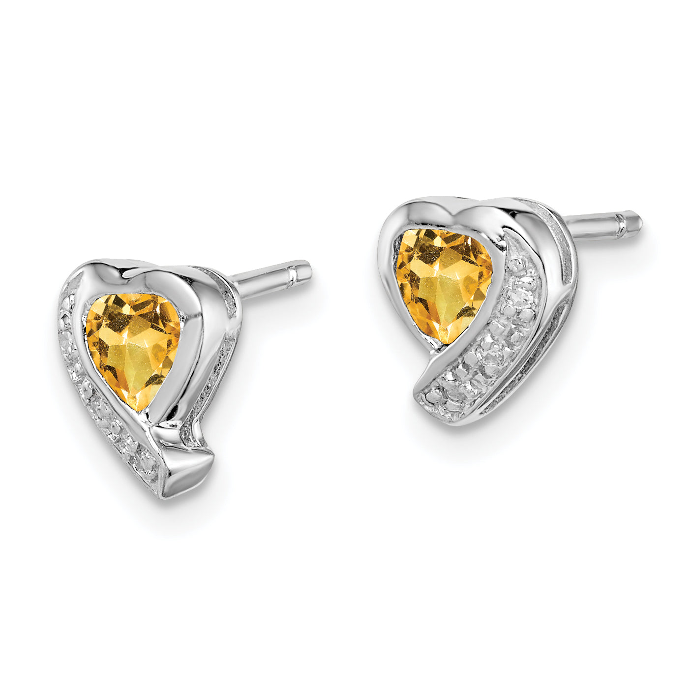 Sterling Silver Rhodium-plated Citrine and Diamond Heart Earrings