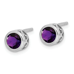 Sterling Silver Rhodium-plated Polished Amethyst Round Post Earrings