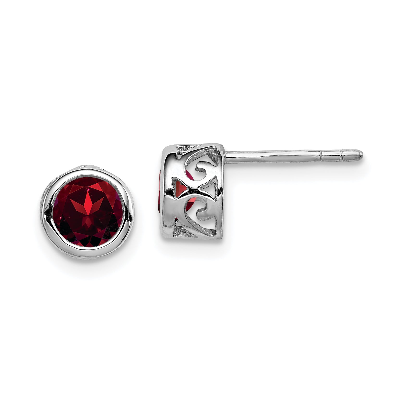 Sterling Silver Rhodium-plated Polished Garnet Round Post Earrings