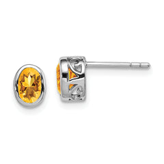 Sterling Silver Rhodium-plated Polished Citrine Oval Post Earrings