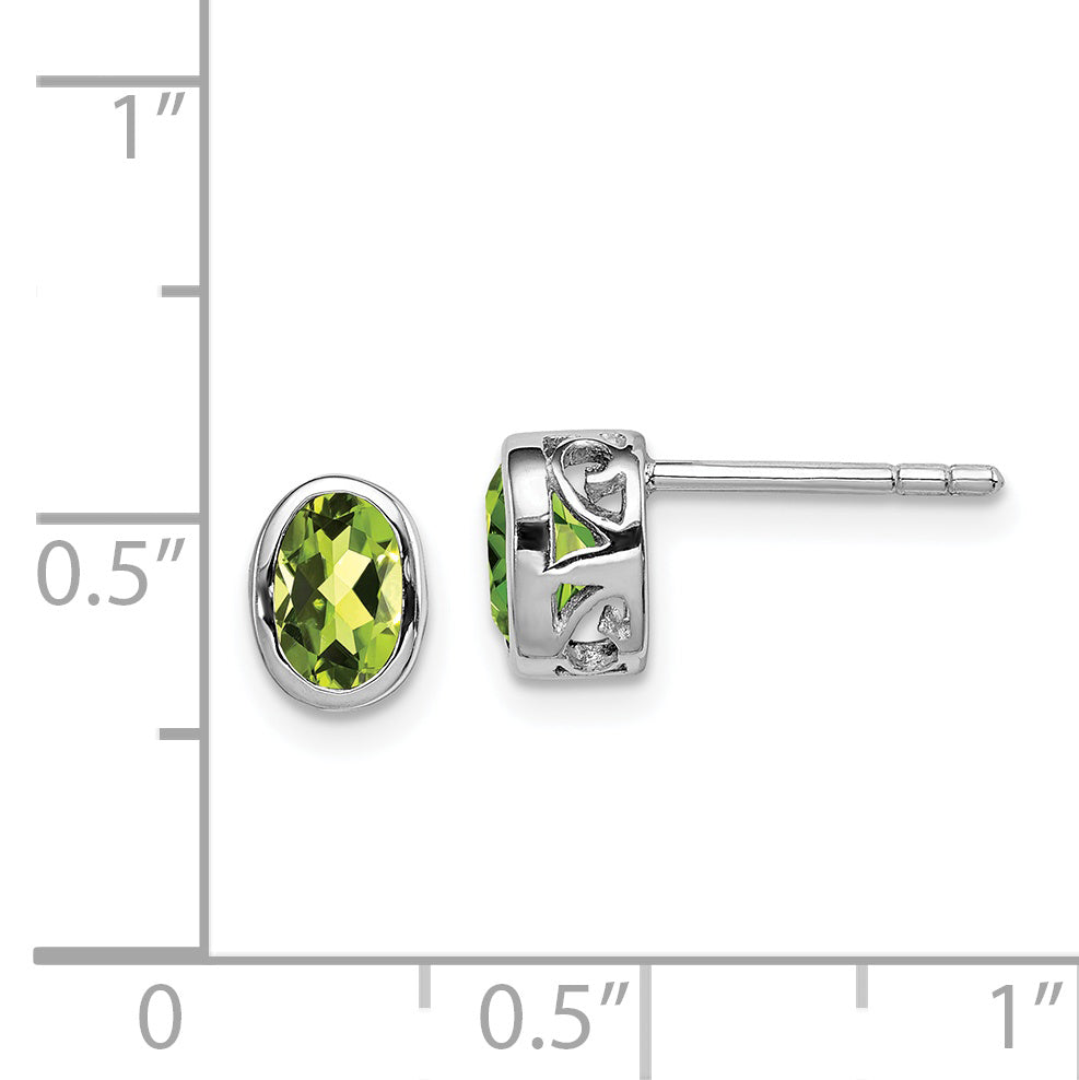 Sterling Silver Rhodium-plated Polished Peridot Oval Post Earrings