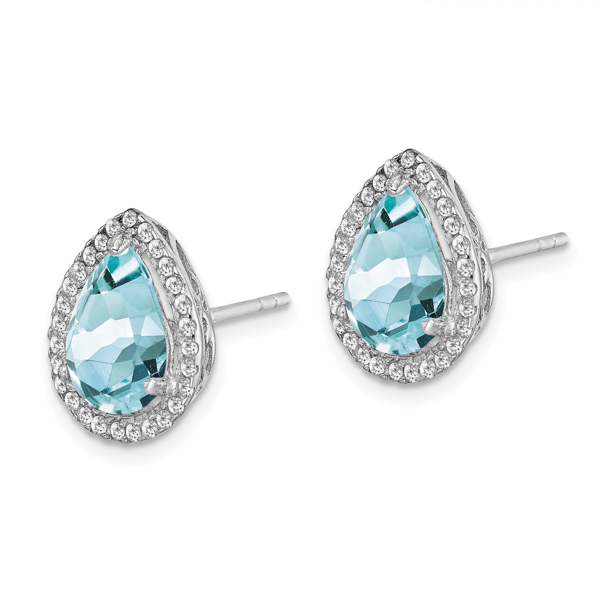 Sterling Silver Rhodium Created Aquamarine & CZ Post Earrings