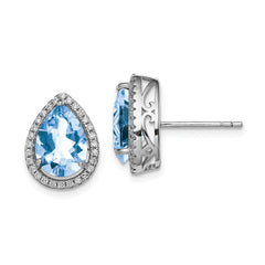 Sterling Silver Rhodium Created Aquamarine & CZ Post Earrings