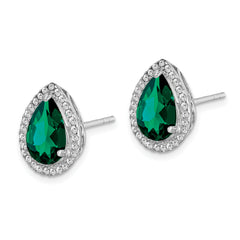 Sterling Silver Rhodium Simulated Emerald & CZ Post Earrings