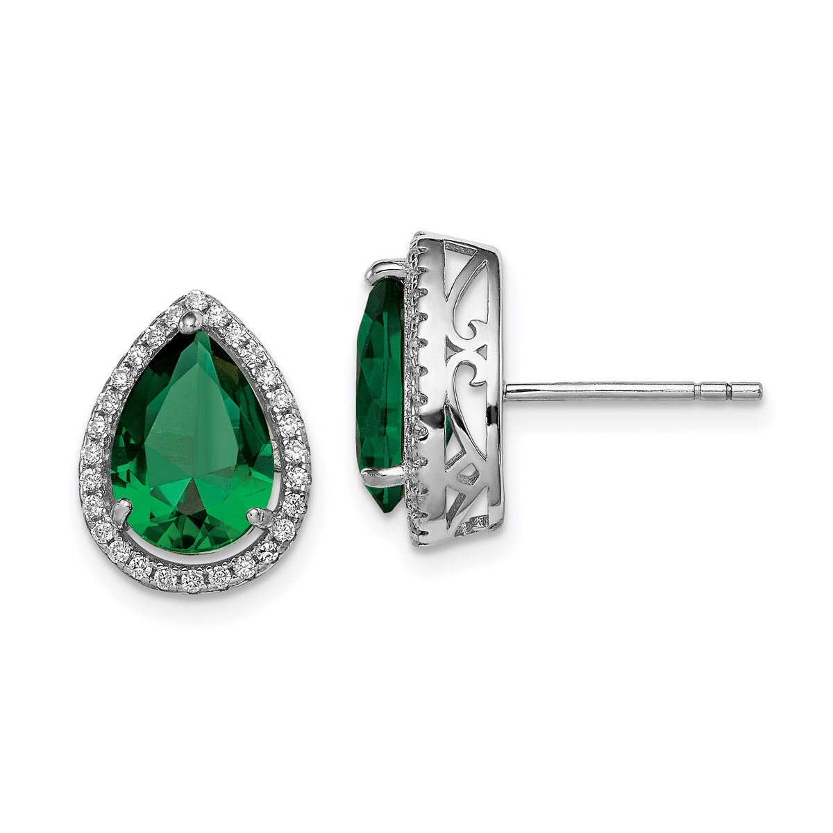 Sterling Silver Rhodium Simulated Emerald & CZ Post Earrings